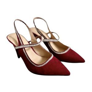 Anne Klein Red Sling Back Pointy Toe Suede Glitsy Heels Sz 7.5M Runs Small